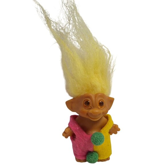 Vintage 60s Wishnik Clown Troll Doll Long Yellow Hair & Pink Yellow Outfit 3" - Picture 1 of 9
